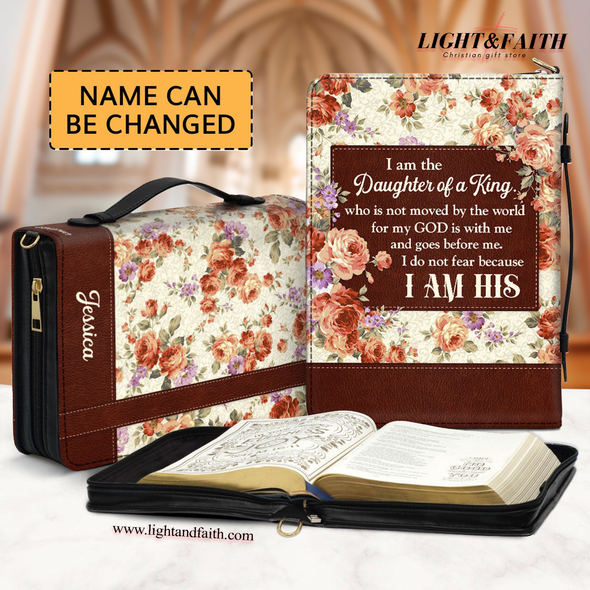 I Am The Daughter Of A King Who Is Not Moved By The World Leather Book Cover, Spiritual Gifts For Church Members, Christian Gift, Bible Covers Jesus Gifts, Personalized Zippered Bible Cover With Handle,